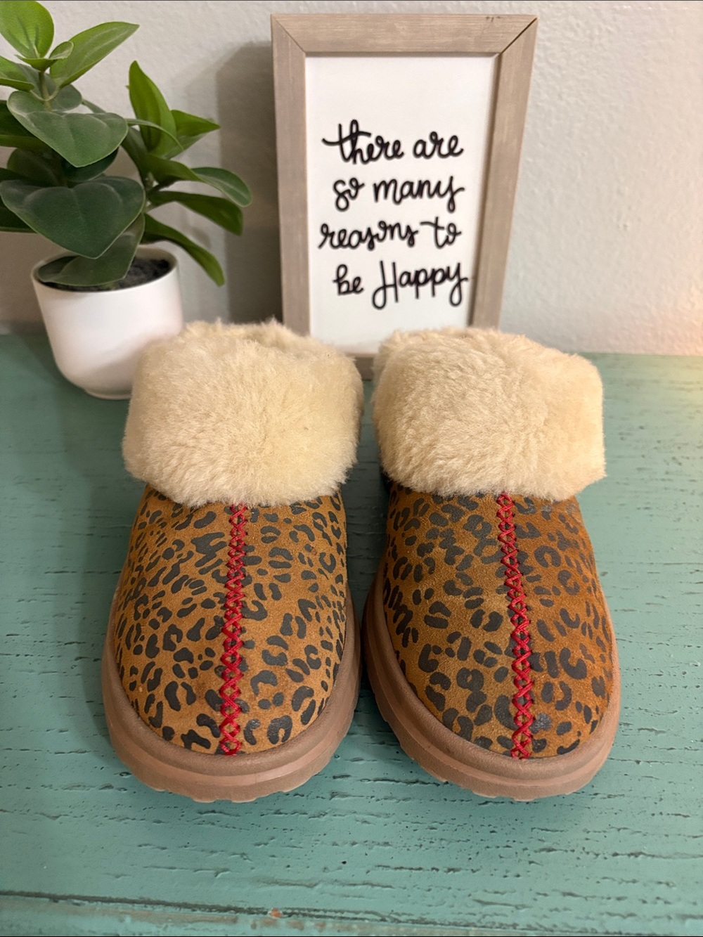 Wos Leopard Print Cozy Slip-On Boots in Tan with Cream Faux Fur